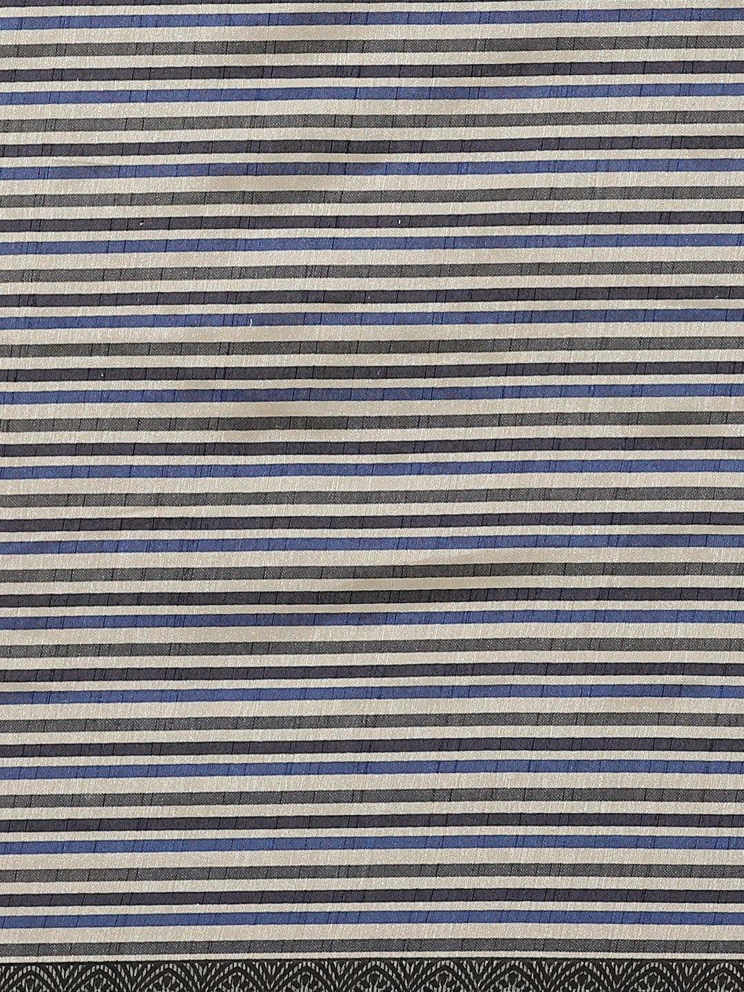 Navy Blue Striped Silk Blend Saree - ShopLibas