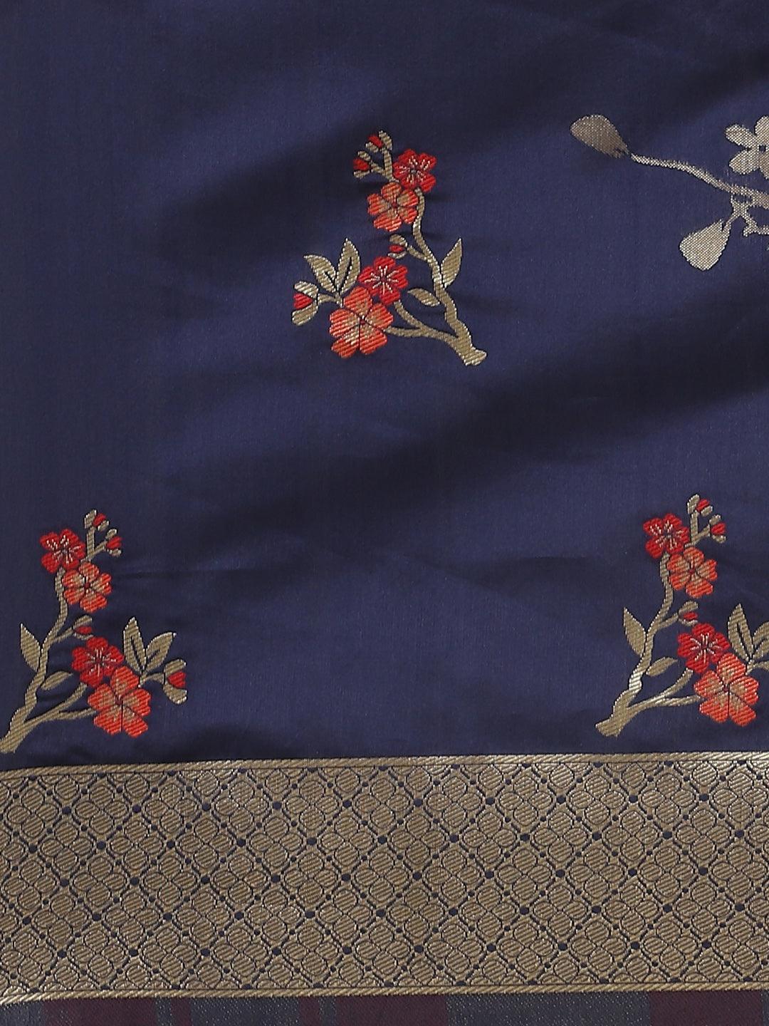 Navy Blue Woven Design Silk Saree - ShopLibas