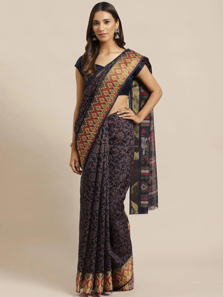 Navy Blue Woven Design Cotton Saree