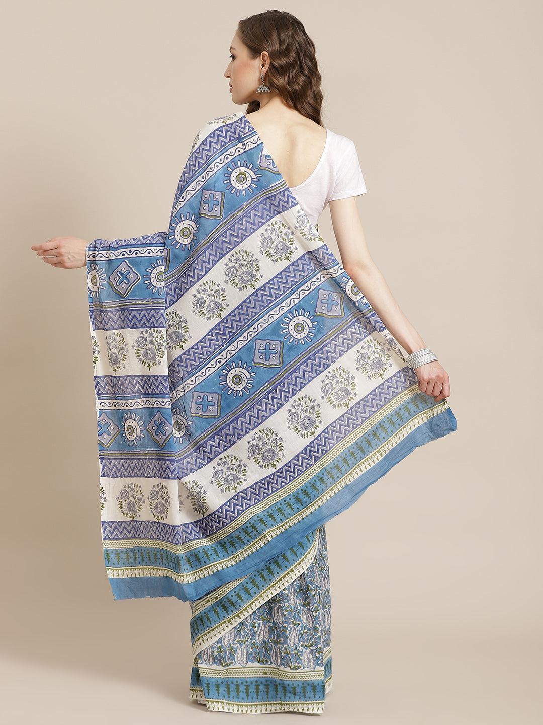 Blue Printed Cotton Saree - ShopLibas