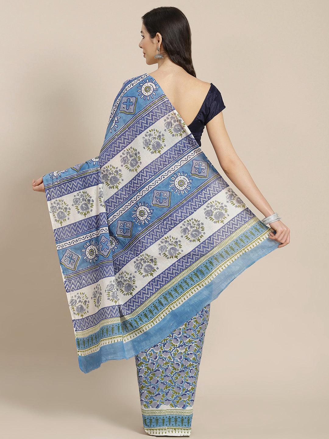 Blue Printed Cotton Saree - ShopLibas