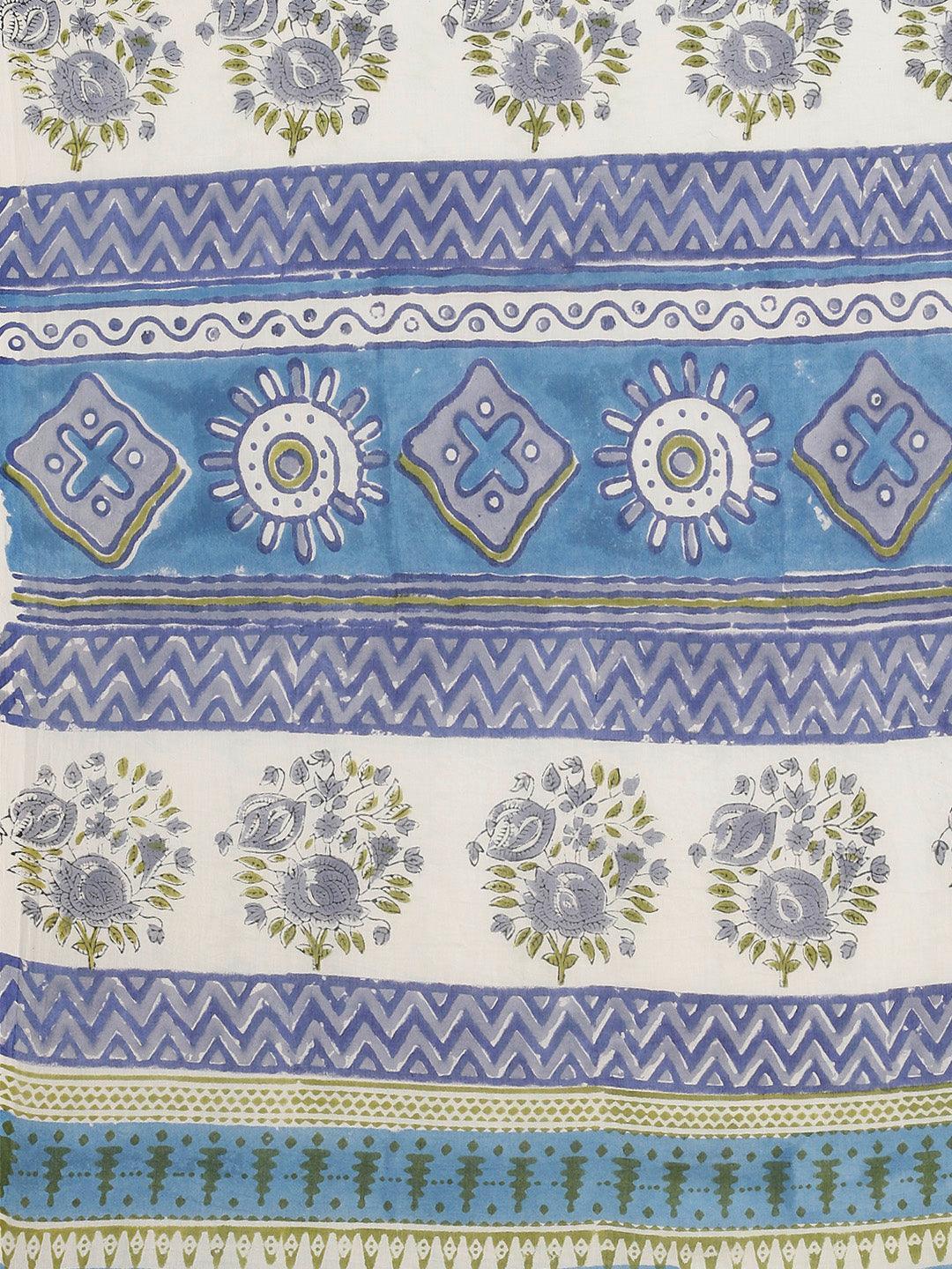 Blue Printed Cotton Saree - ShopLibas