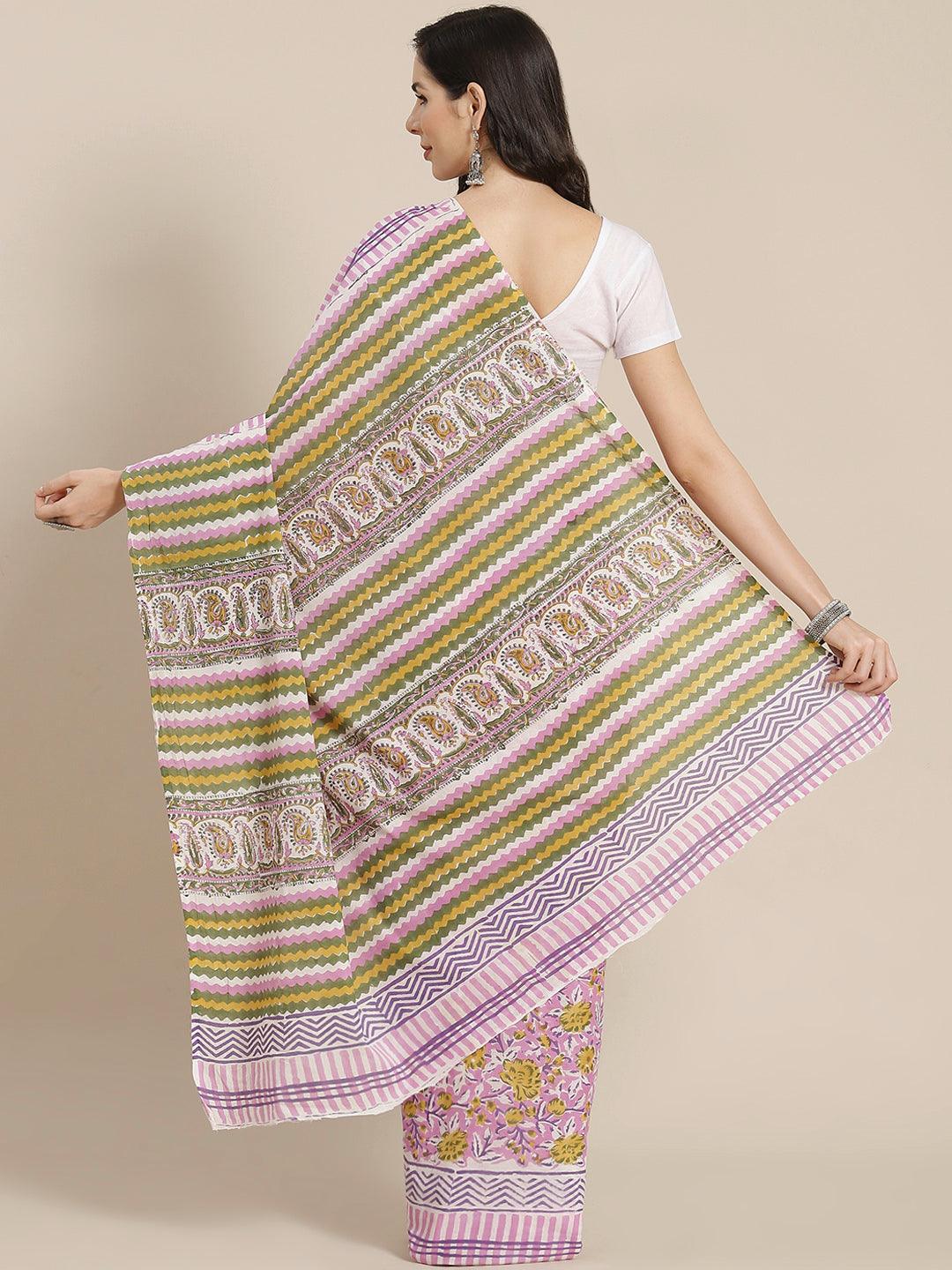 Pink Printed Cotton Saree - ShopLibas