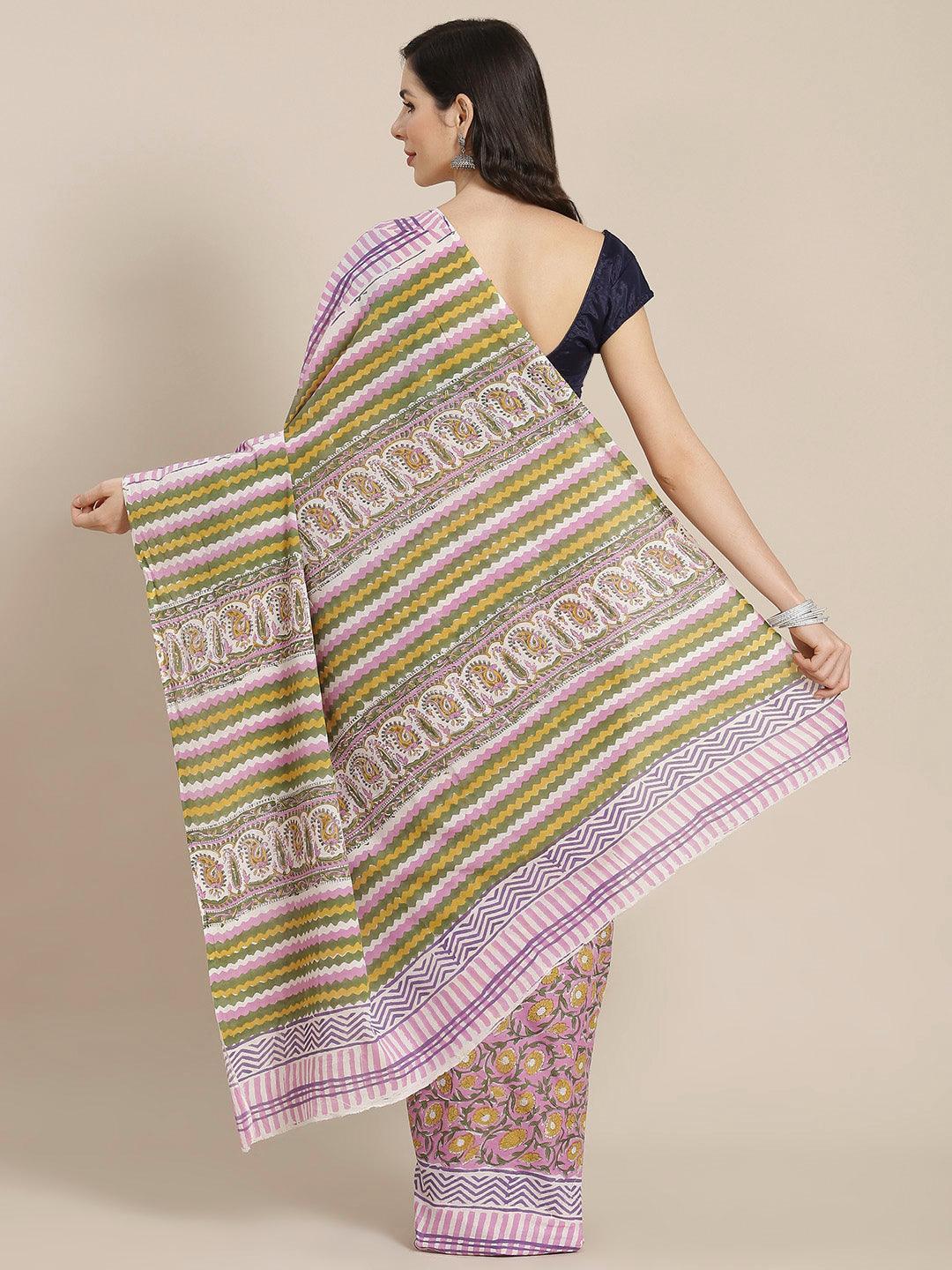Pink Printed Cotton Saree - ShopLibas