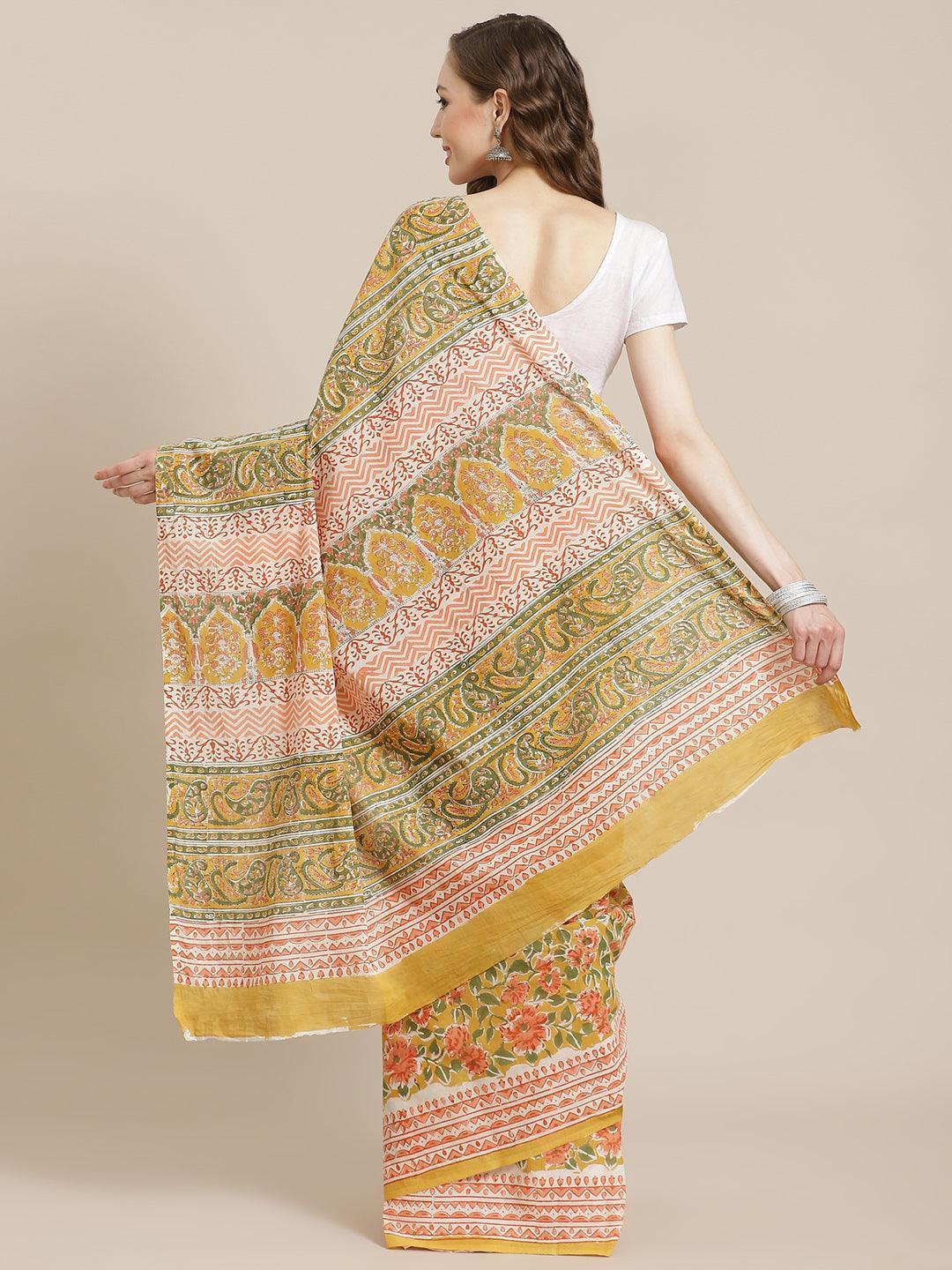 Yellow Printed Cotton Saree - ShopLibas