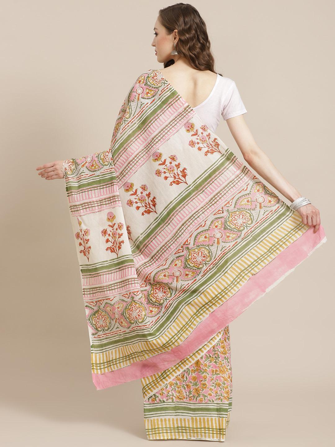 White Printed Cotton Saree - ShopLibas