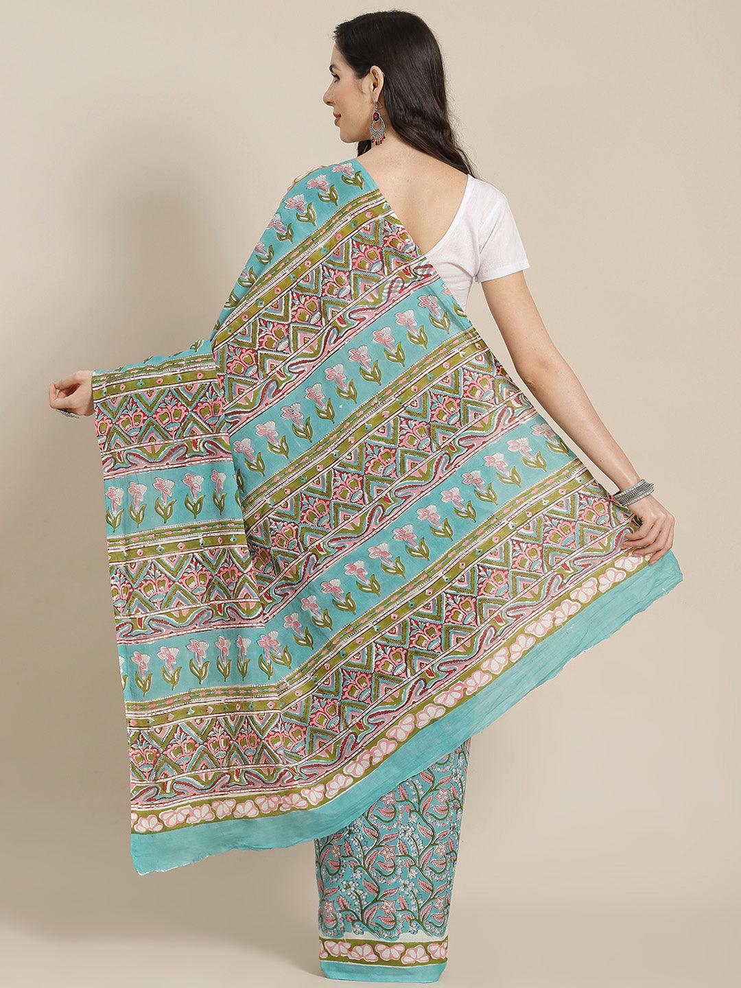 Multicoloured Printed Cotton Saree - ShopLibas
