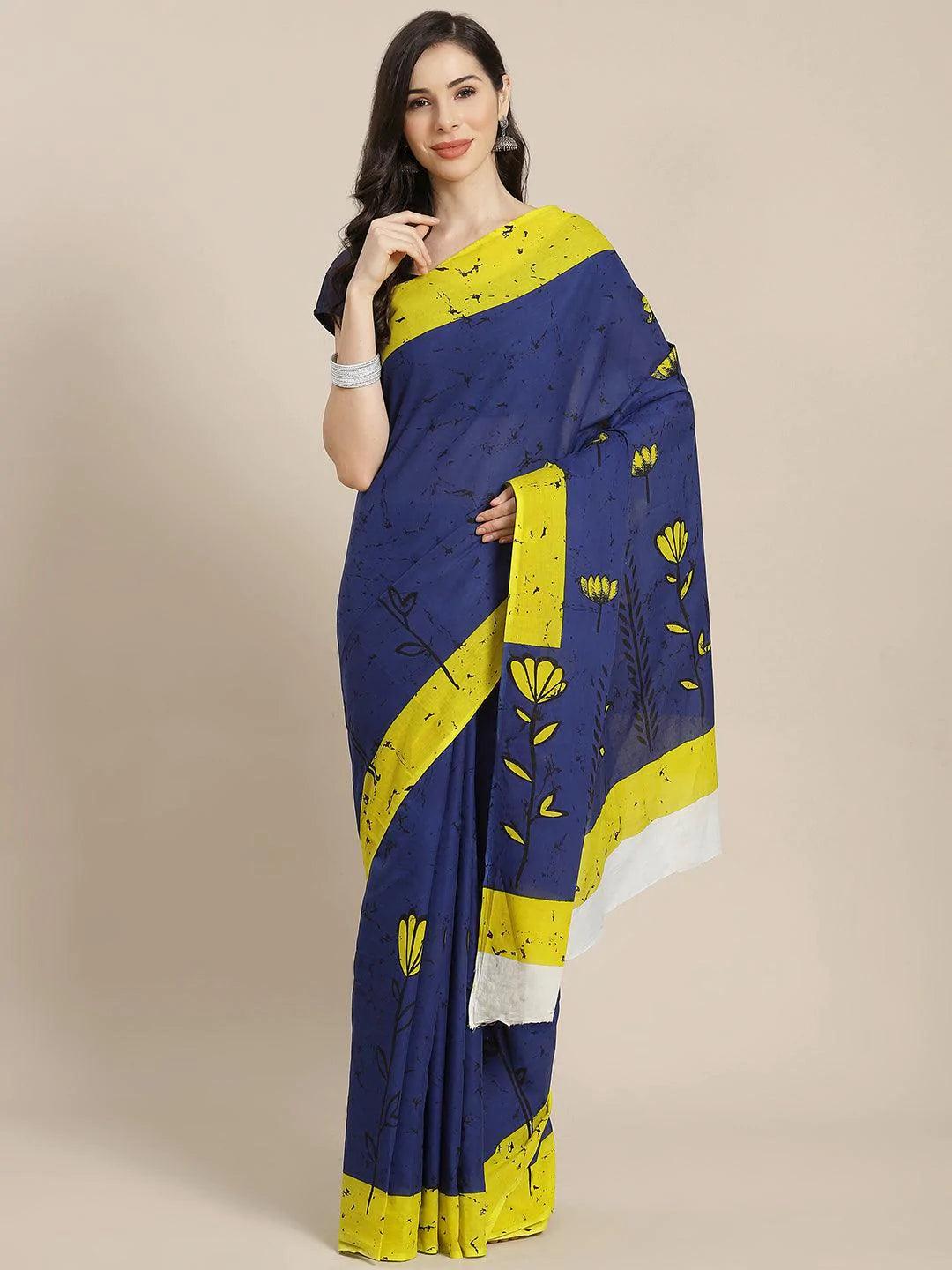 Blue Printed Cotton Saree - ShopLibas