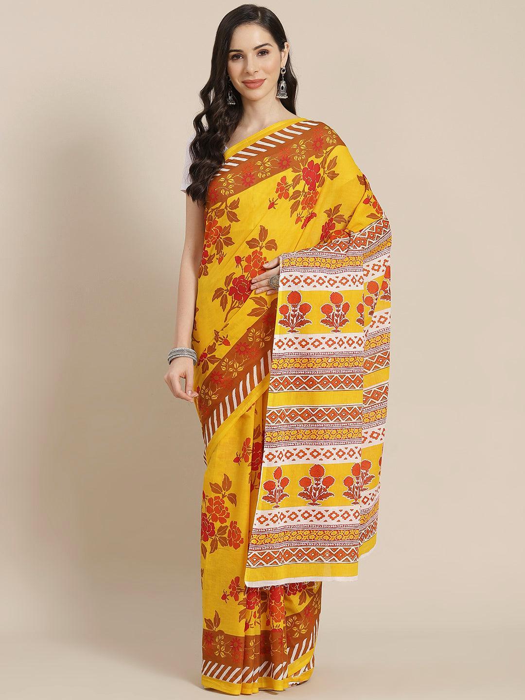 Yellow Printed Cotton Saree - ShopLibas