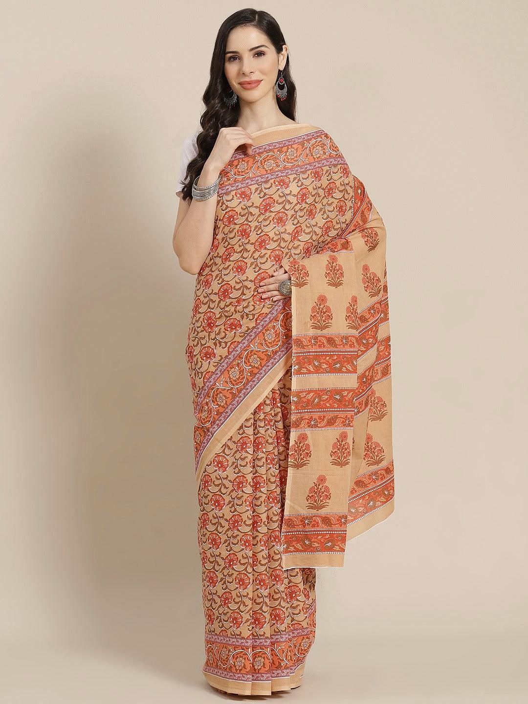 Peach Printed Cotton Saree - ShopLibas