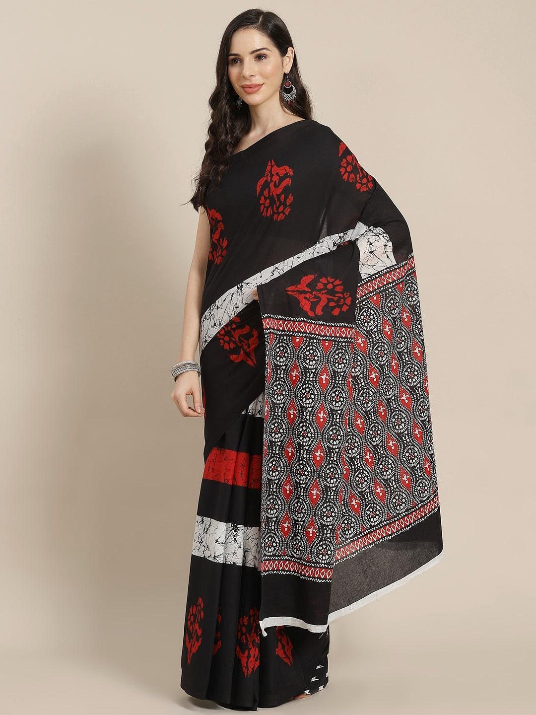 Black Printed Cotton Saree - ShopLibas