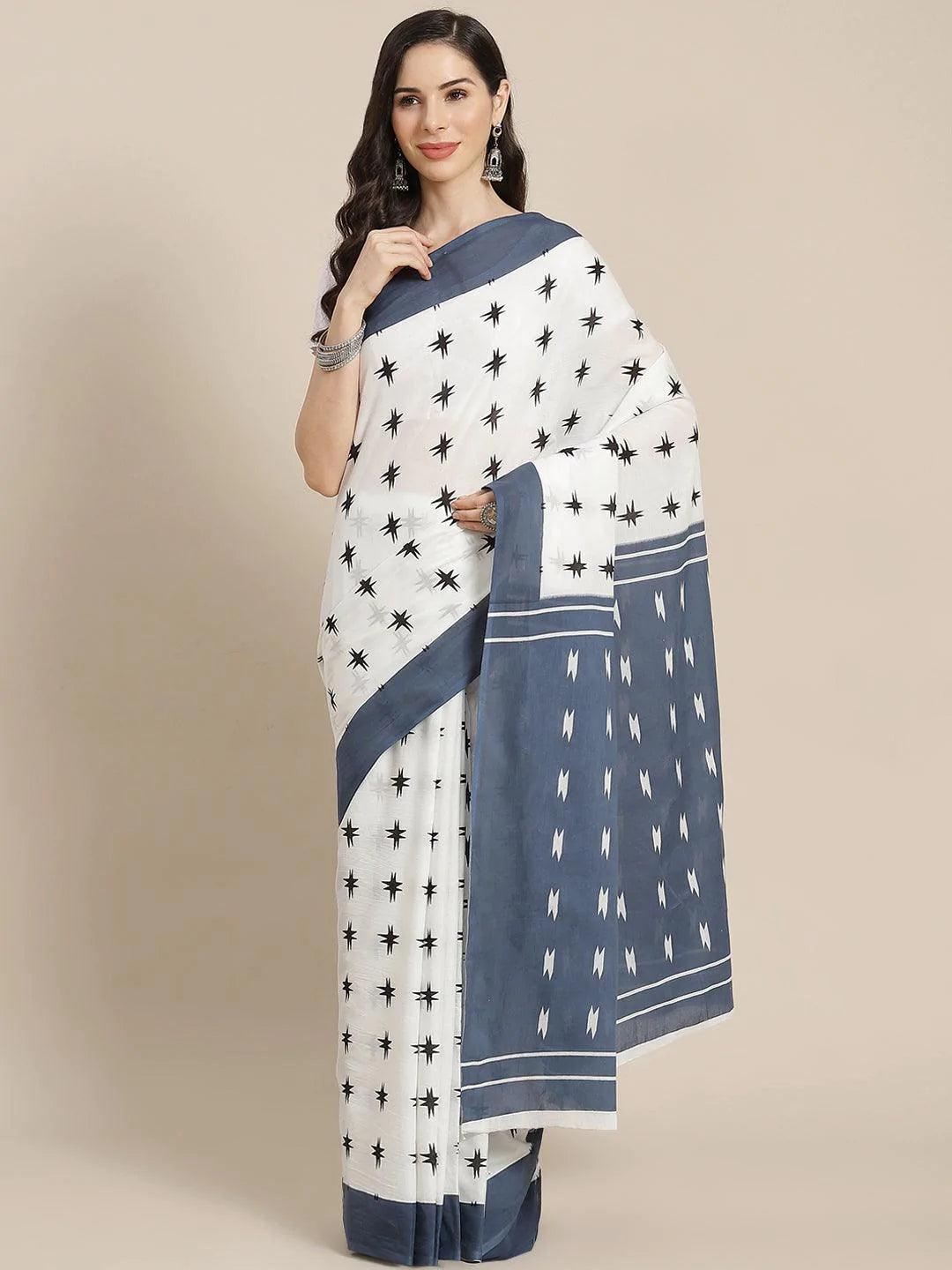 White Printed Cotton Saree - ShopLibas
