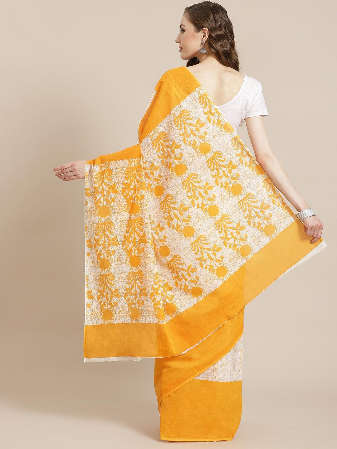 Yellow Printed Cotton Saree - ShopLibas