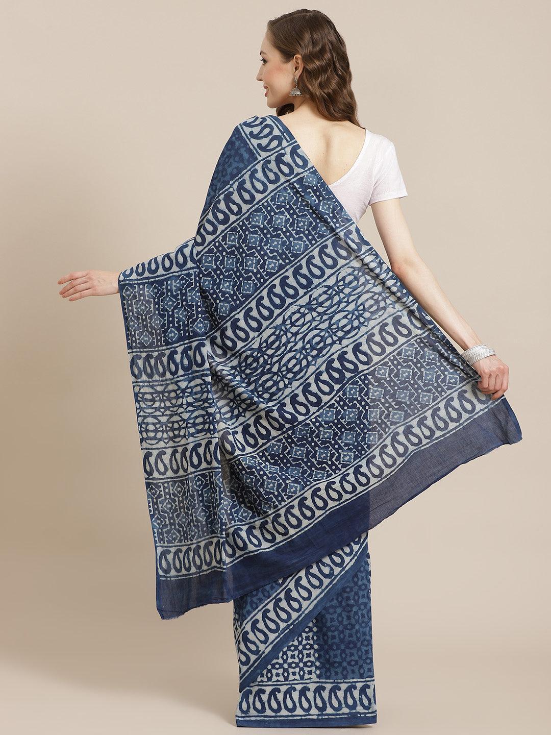 Blue Printed Cotton Saree - ShopLibas