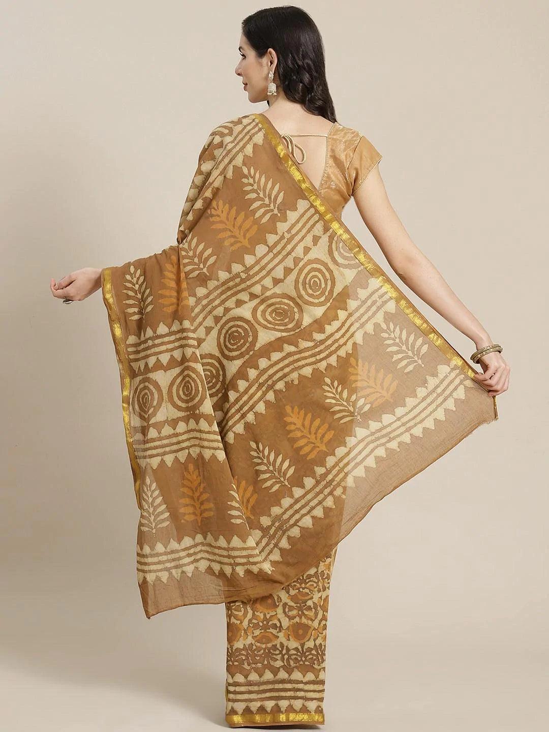 Beige Printed Cotton Saree - ShopLibas