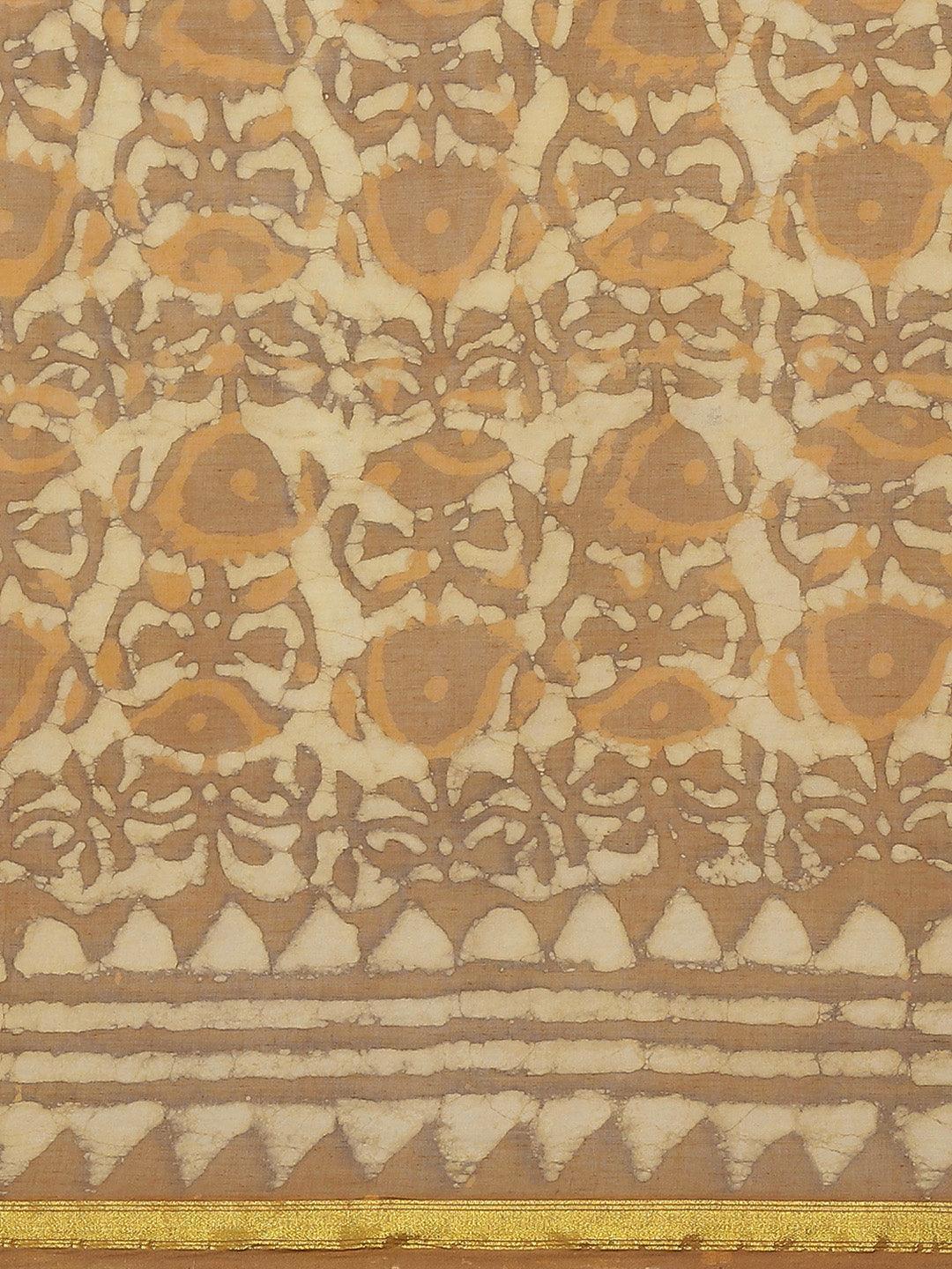 Beige Printed Cotton Saree - ShopLibas