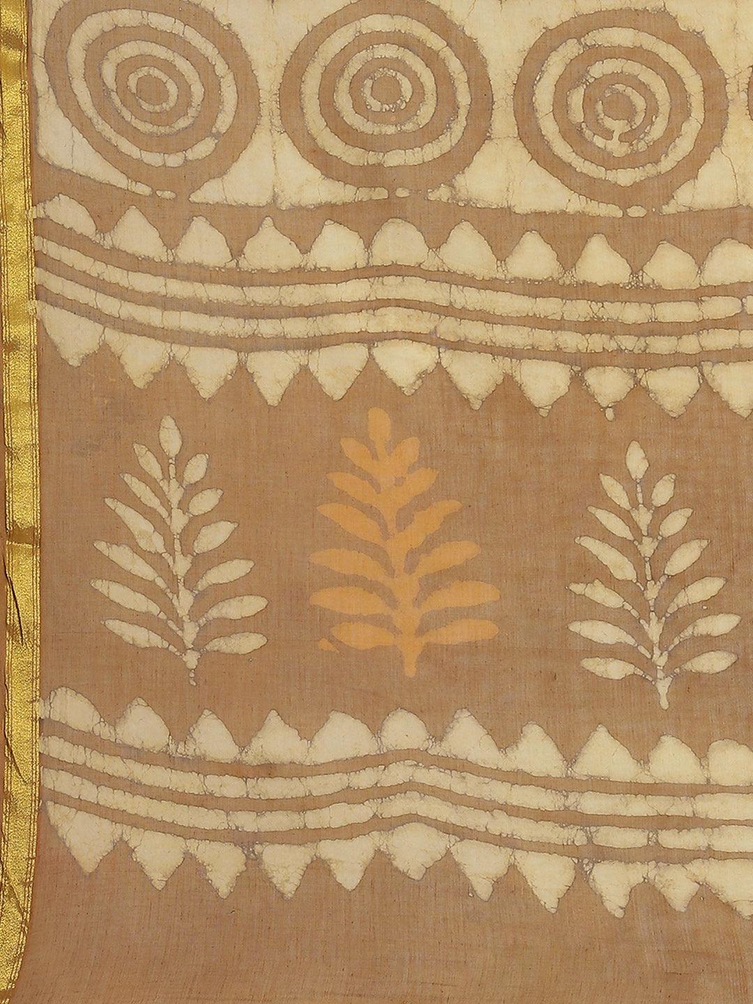 Beige Printed Cotton Saree - ShopLibas