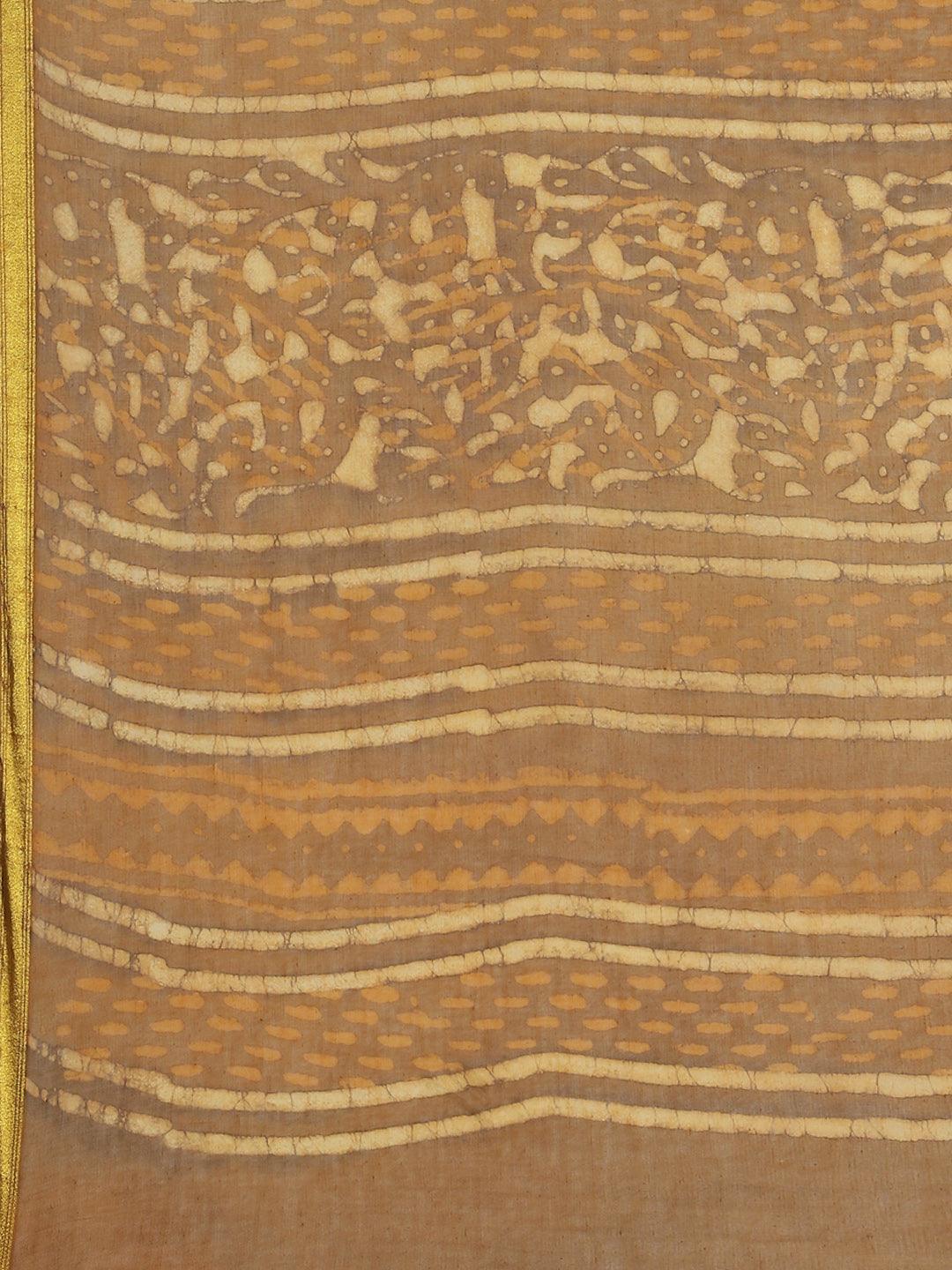 Brown Printed Cotton Saree - ShopLibas