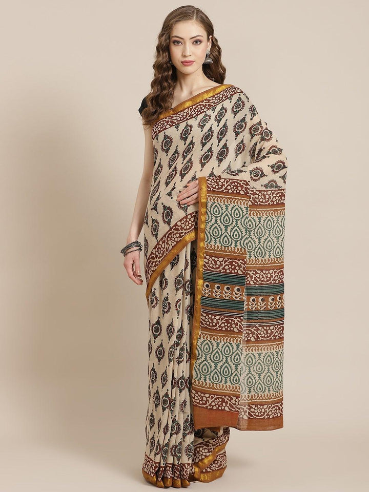 Beige Printed Cotton Saree