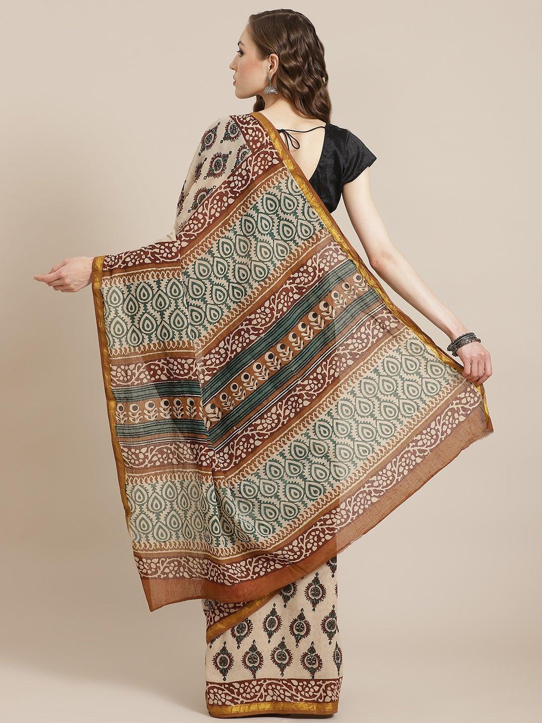 Beige Printed Cotton Saree - ShopLibas