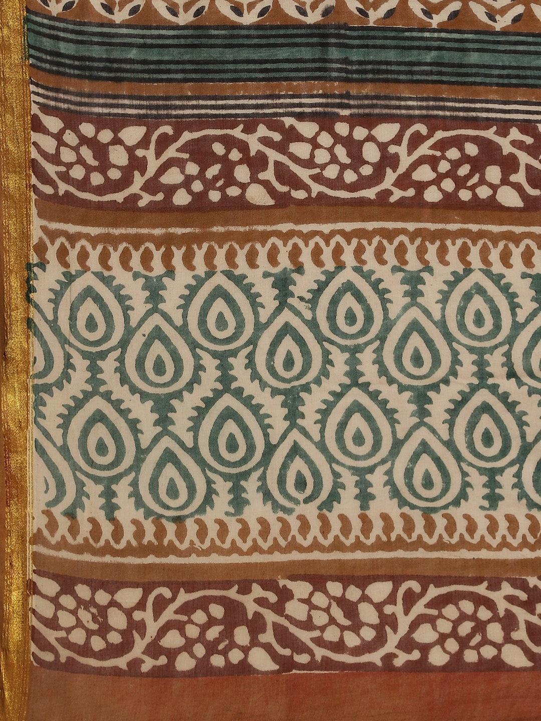 Beige Printed Cotton Saree - ShopLibas