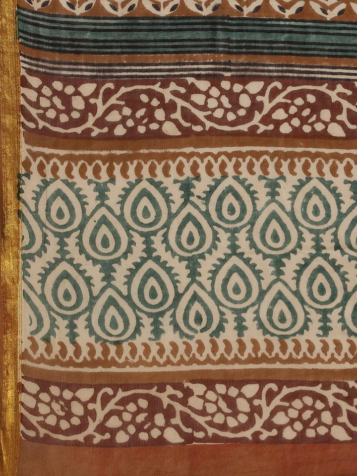 Beige Printed Cotton Saree