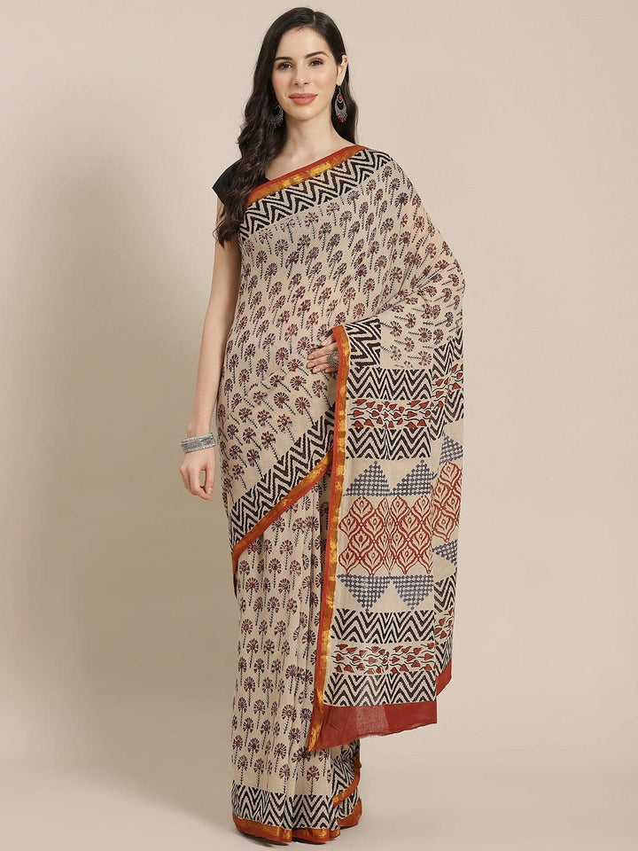 Beige Printed Cotton Saree