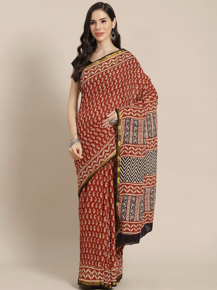 Rust Printed Cotton Saree