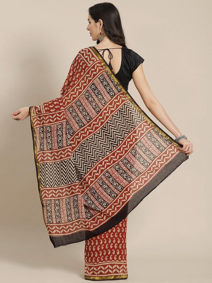 Rust Printed Cotton Saree