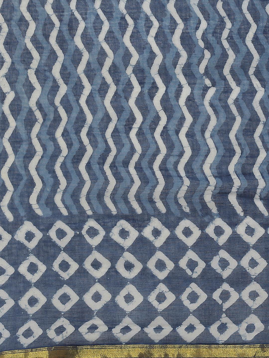 Blue Printed Cotton Saree - ShopLibas