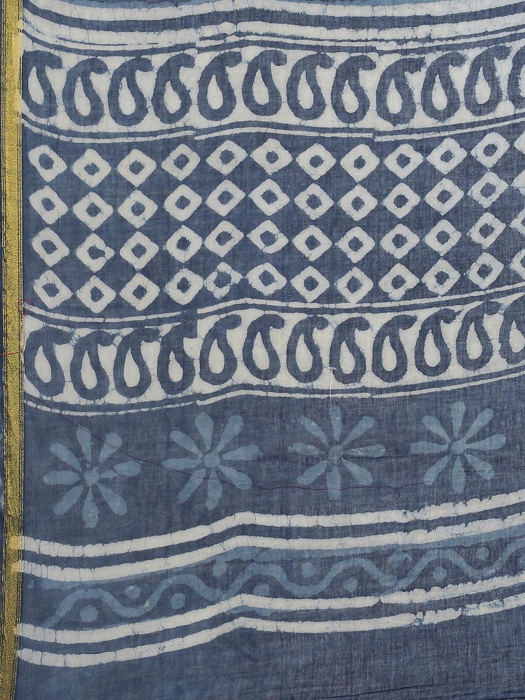 Blue Printed Cotton Saree - ShopLibas