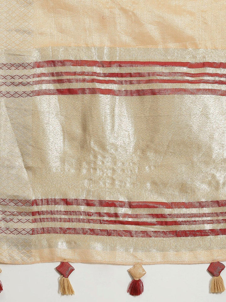 Beige Solid Silk Blend Saree