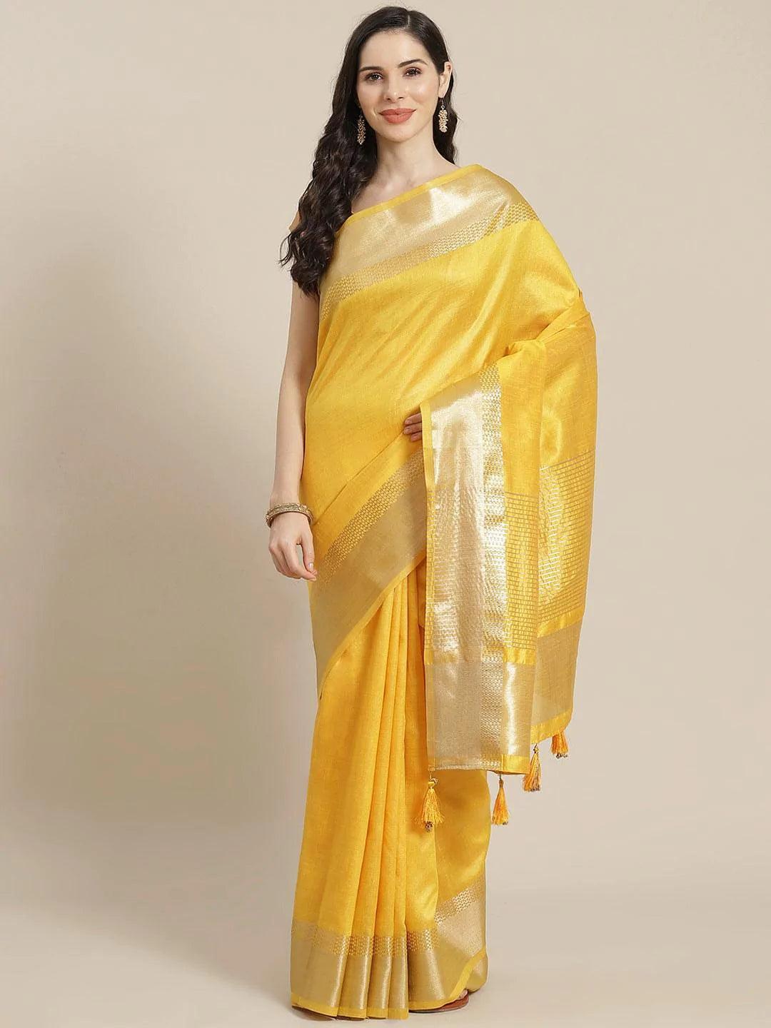 Yellow Woven Design Silk Blend Saree - ShopLibas