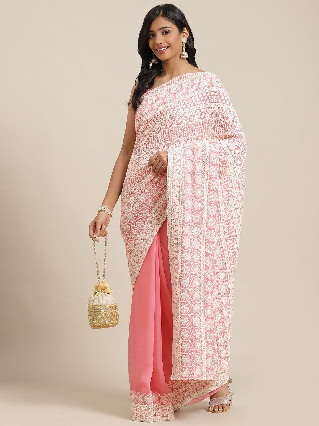 Pink Embroidered Georgette Saree - ShopLibas