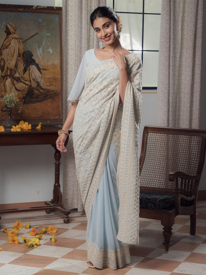 Blue Embroidered Georgette Saree