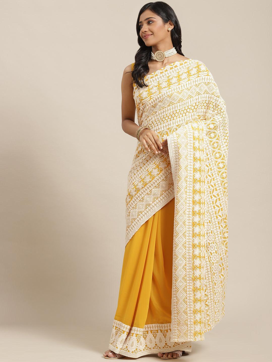 Yellow Embroidered Georgette Saree - ShopLibas