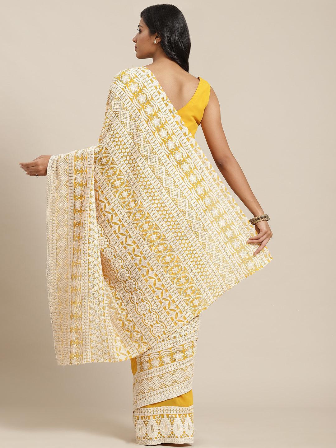 Yellow Embroidered Georgette Saree - ShopLibas