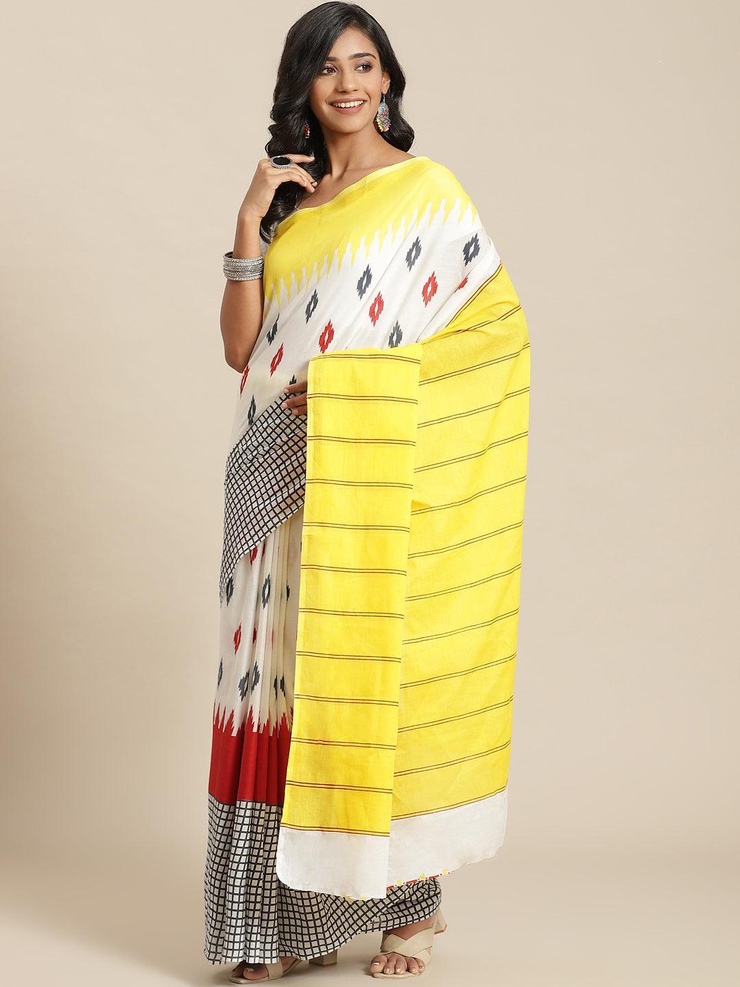 Yellow Printed Cotton Saree - ShopLibas