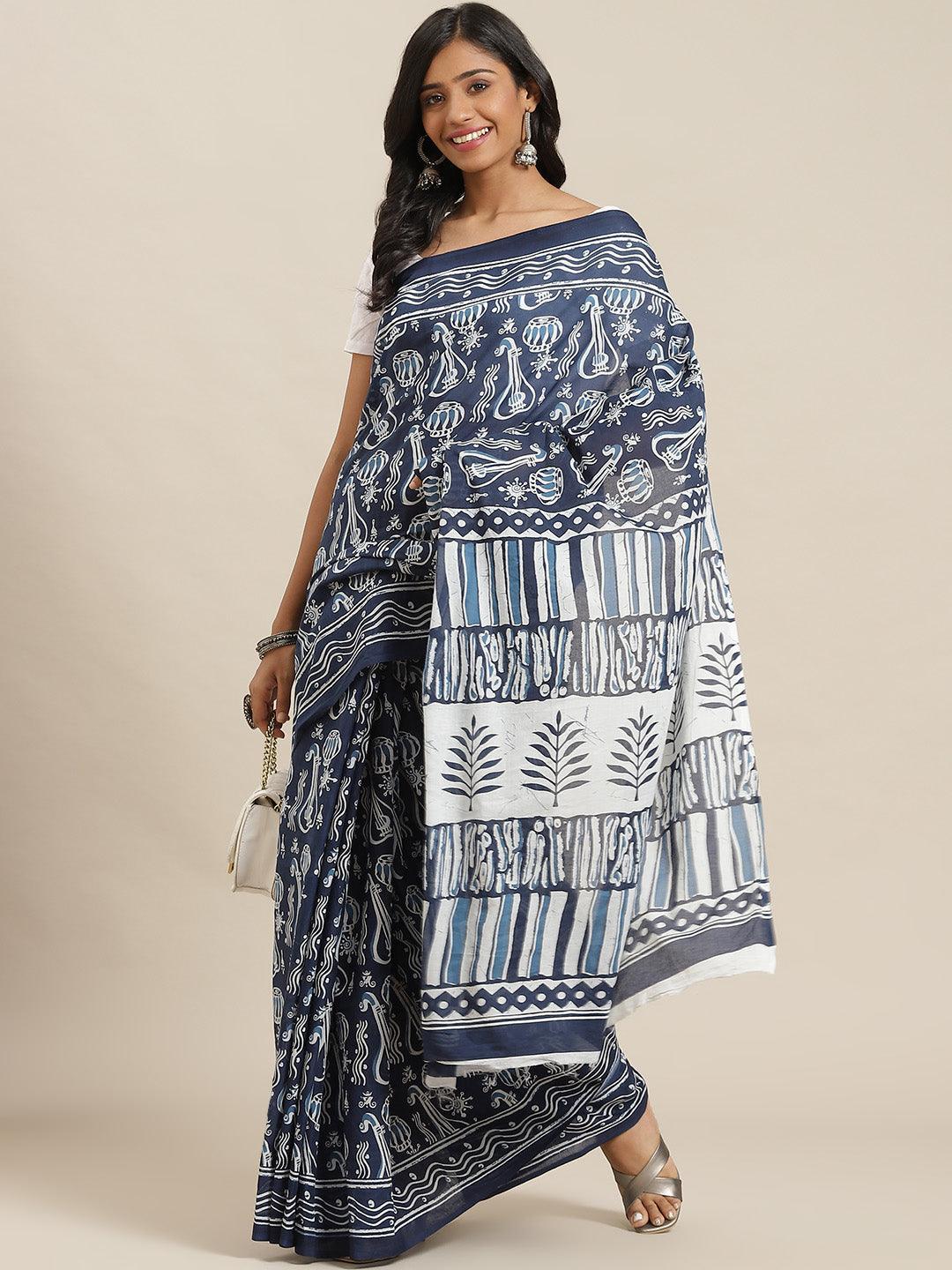 Blue Printed Cotton Saree - ShopLibas
