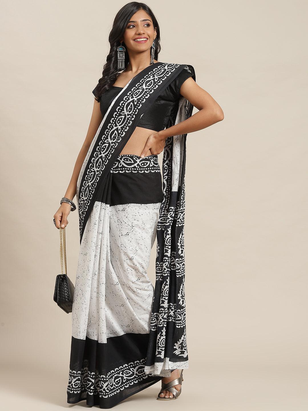 Black Printed Cotton Saree - ShopLibas
