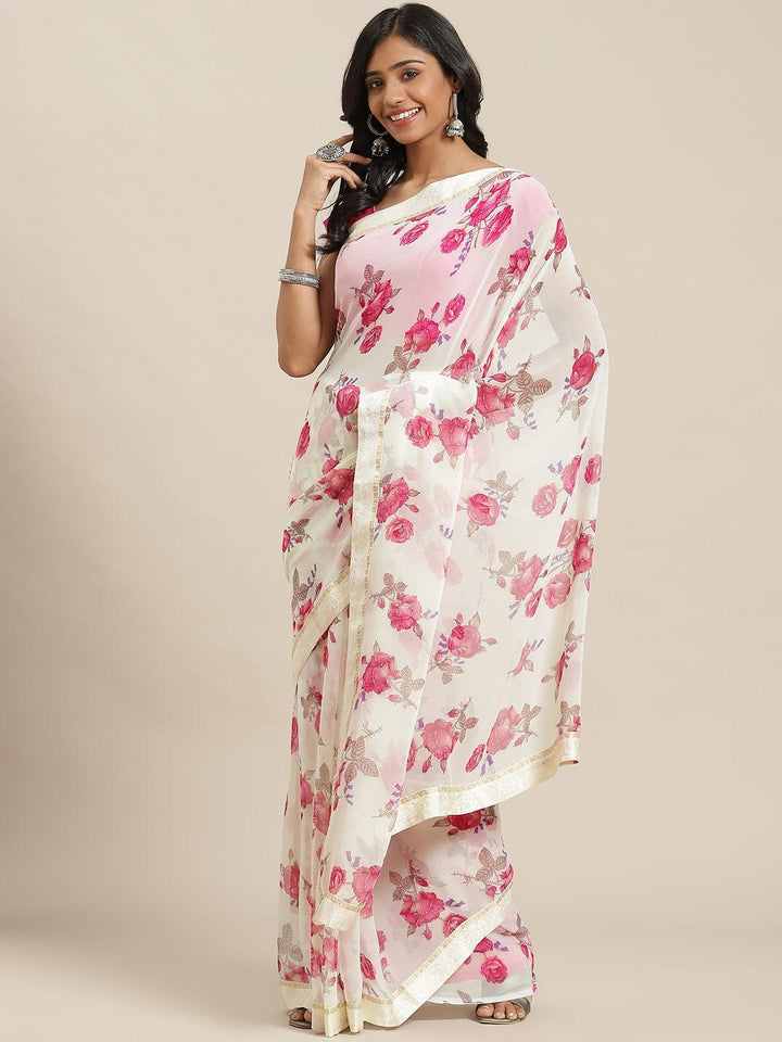 Cream Printed Georgette Saree