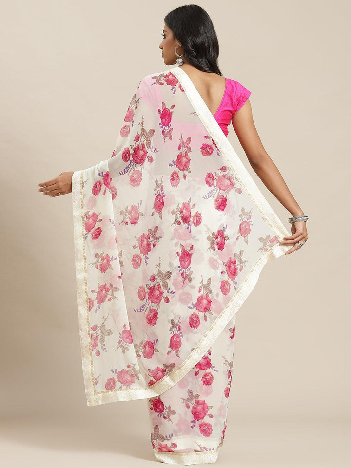Cream Printed Georgette Saree