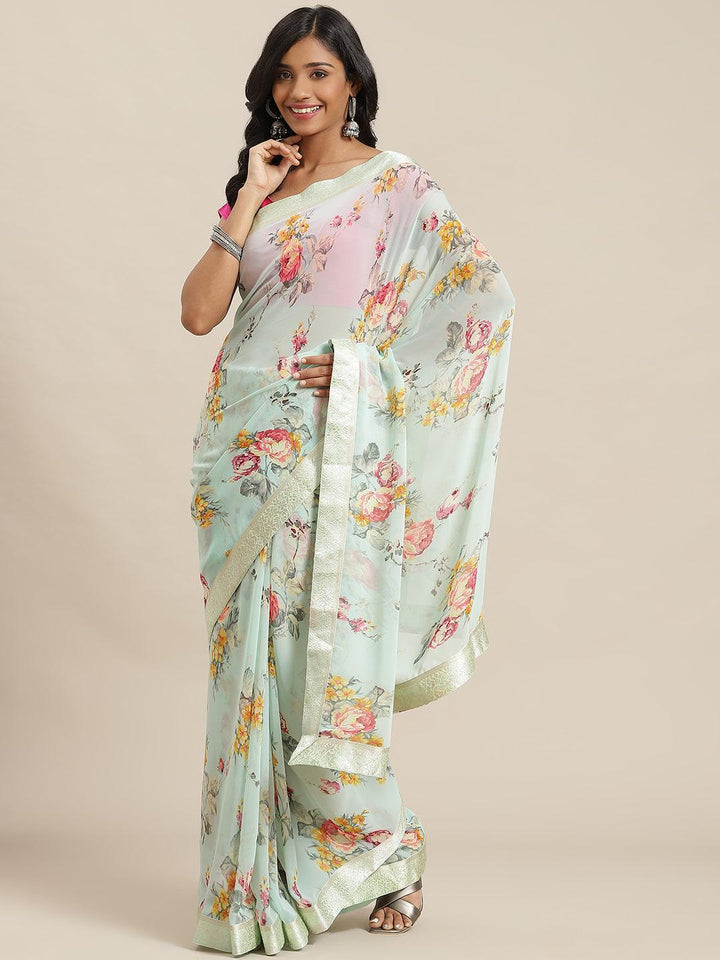 Green Printed Georgette Saree