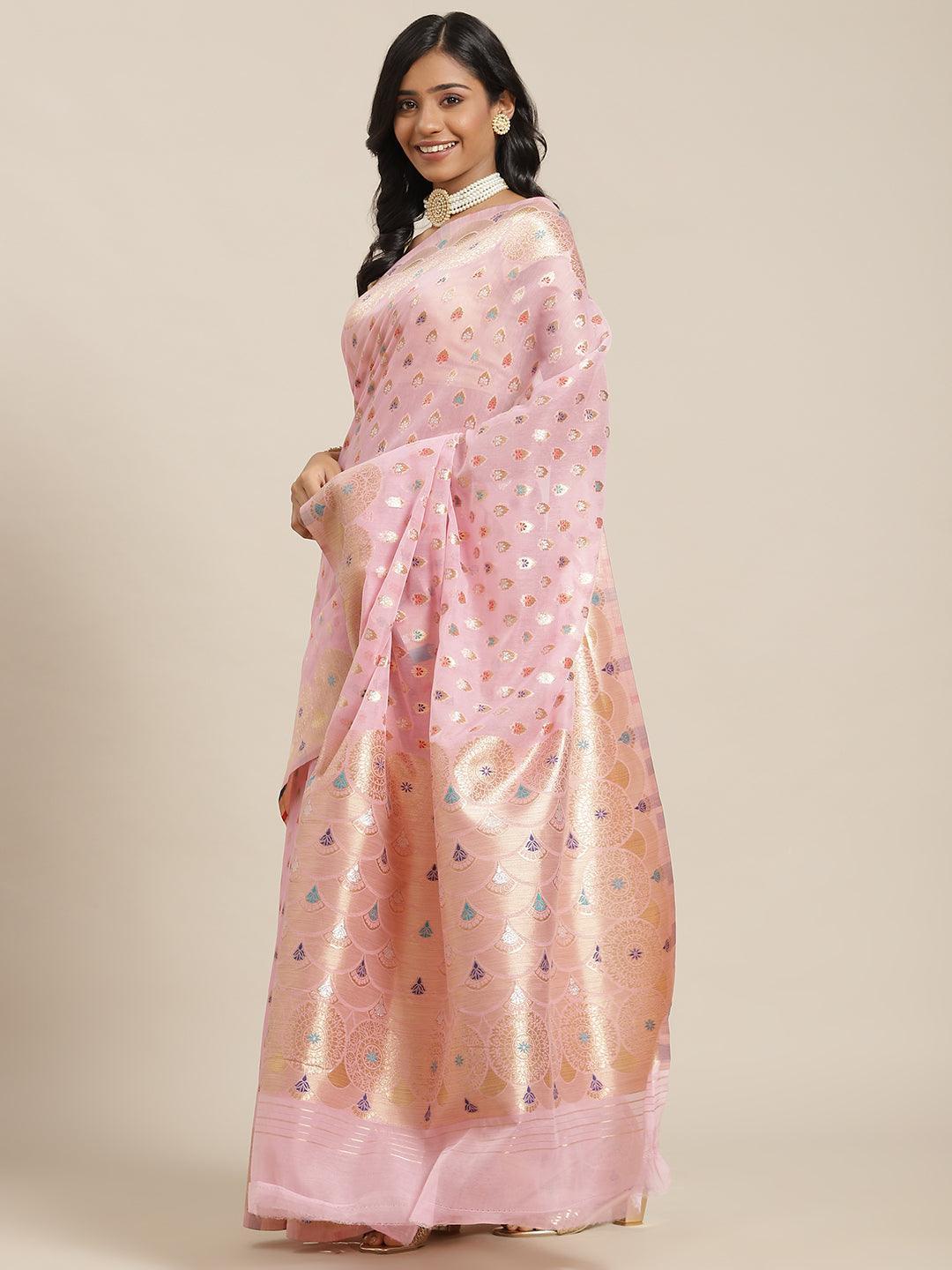 Pink Woven Design Brocade Saree - ShopLibas