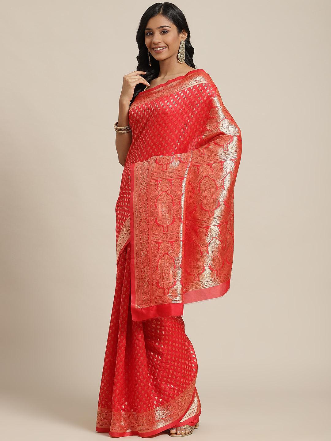 Red Woven Design Brocade Saree - ShopLibas