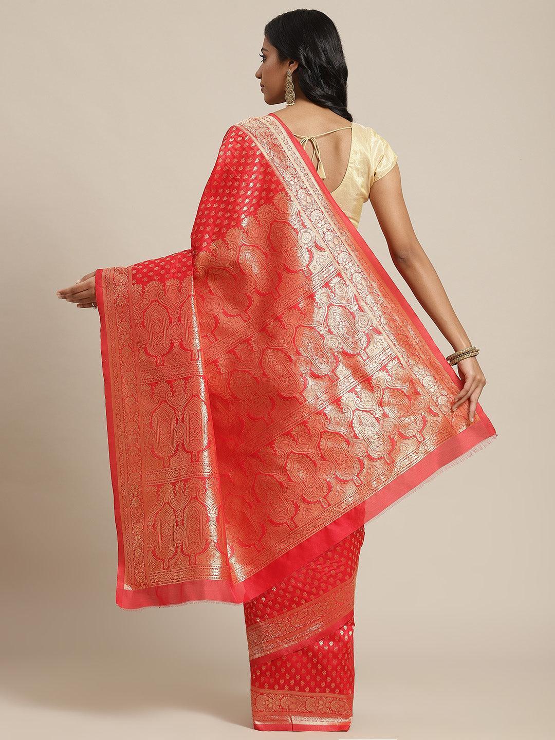 Red Woven Design Brocade Saree - ShopLibas