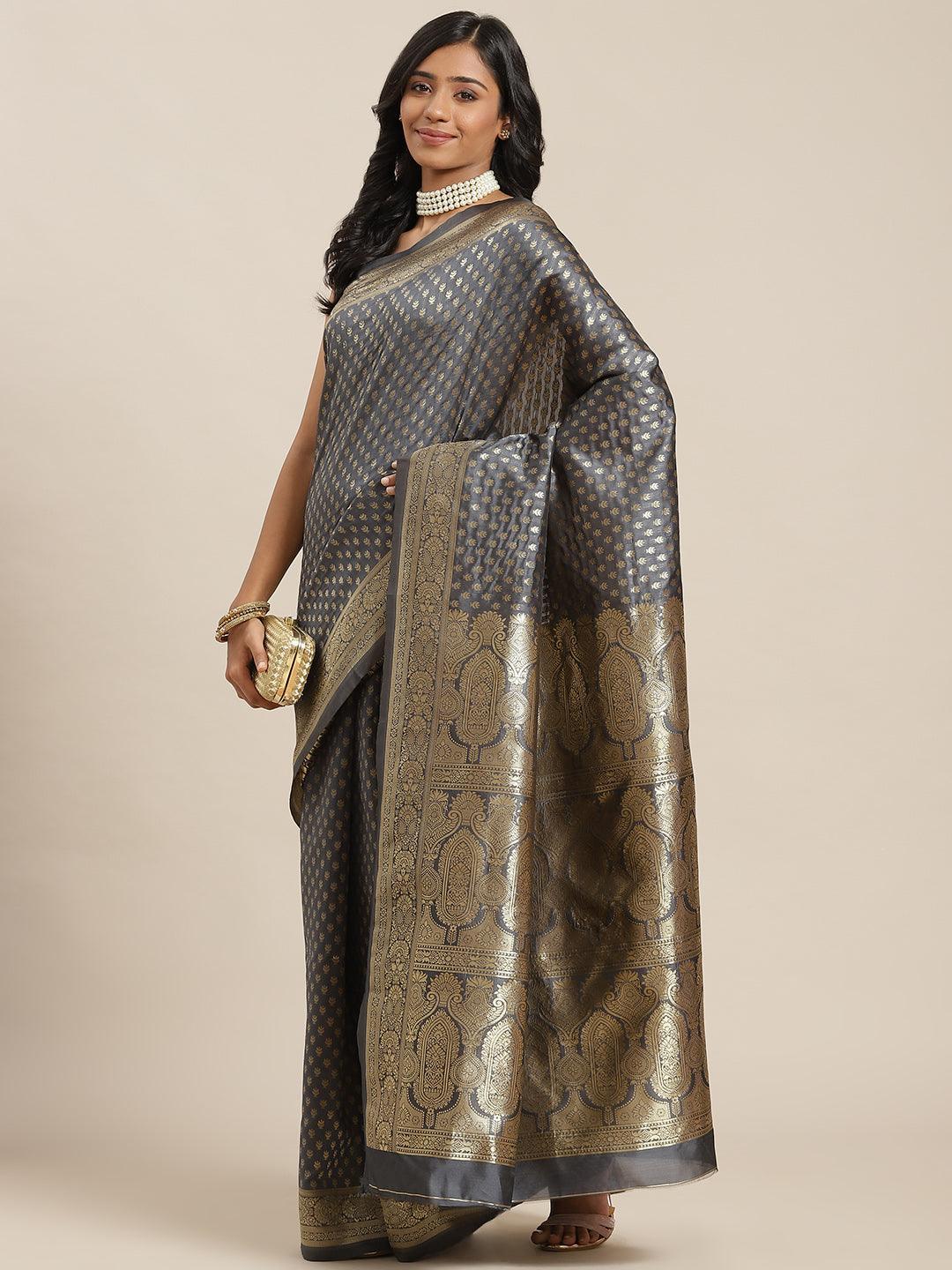 Grey Woven Design Brocade Saree - ShopLibas