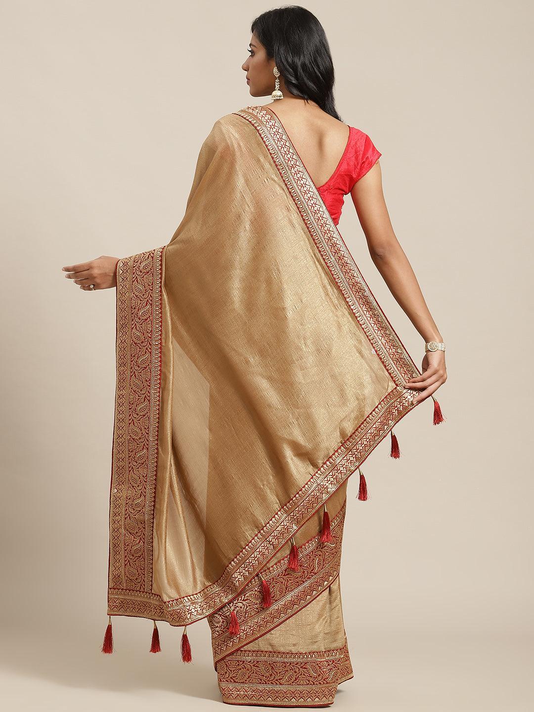 Beige Solid Silk Blend Saree - ShopLibas