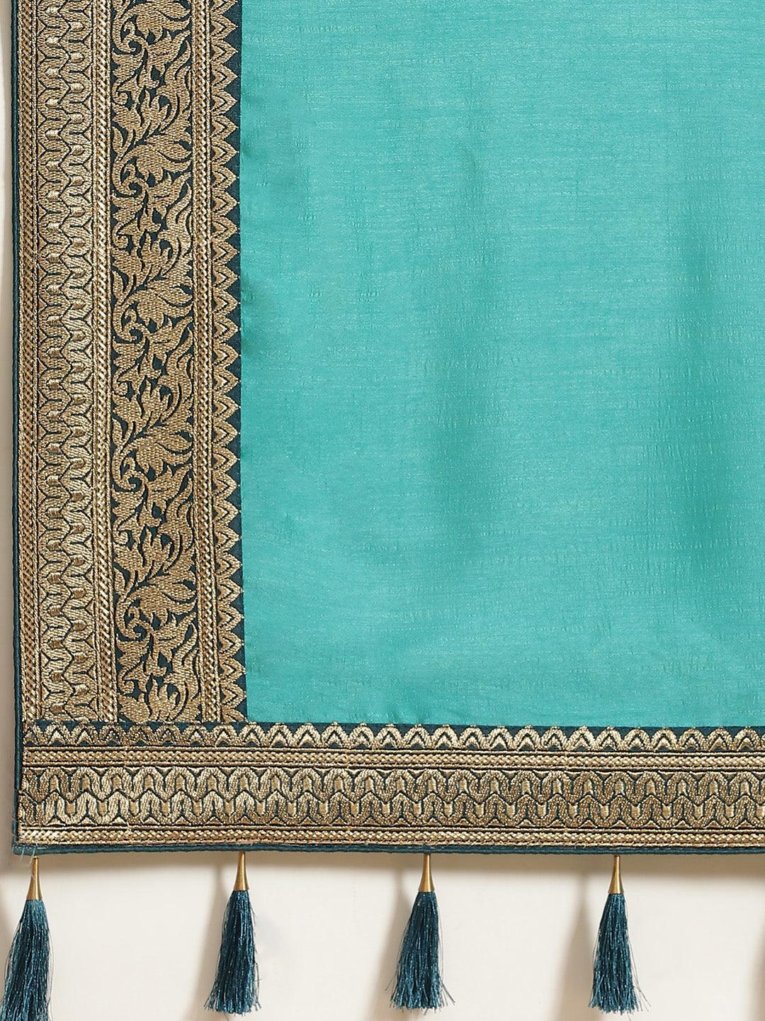 Blue Solid Silk Blend Saree - ShopLibas