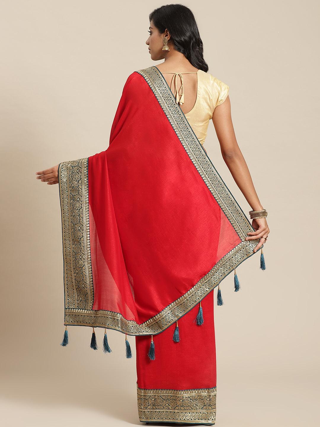 Red Solid Silk Blend Saree - ShopLibas